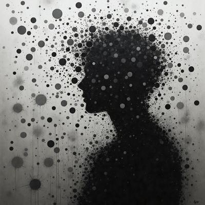 The primary subject of the image is a person's head, which is the main focus of the image. The setting is a black and white background, giving the image a classic and timeless feel. The visual style is a combination of a photo and a drawing, creating a unique and artistic representation of the person's head. The colors and mood of the image are predominantly black and white, with a sense of depth and contrast.